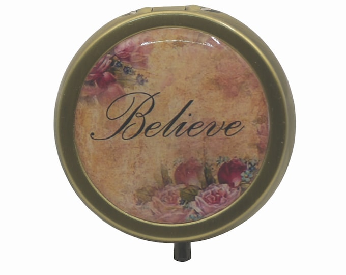 Pill Box Medicine Case Trinket Box Pill Case Mint Box Vintage Roses Inspirational Words Believe