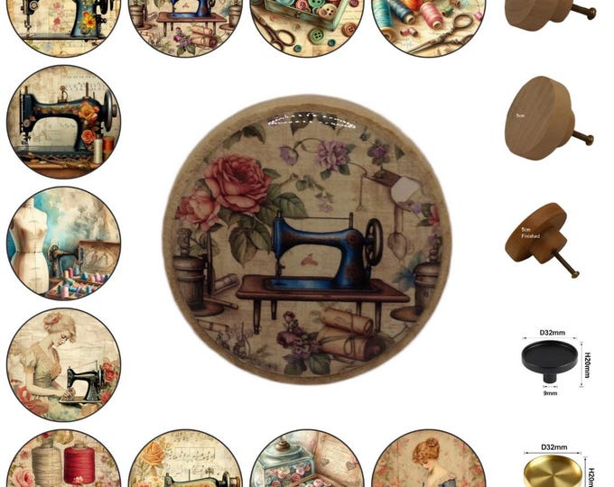 Sewing Round Wooden Cabinet Pulls, Drawer Knobs, Home Decor