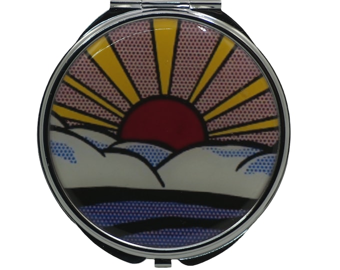 Pop Art, The Rising Sun,  Large Pill Box, Mirror, Medicine Case, Pill Case, Medication Container, Silver Pill Box, Three Sectioned Pill Box