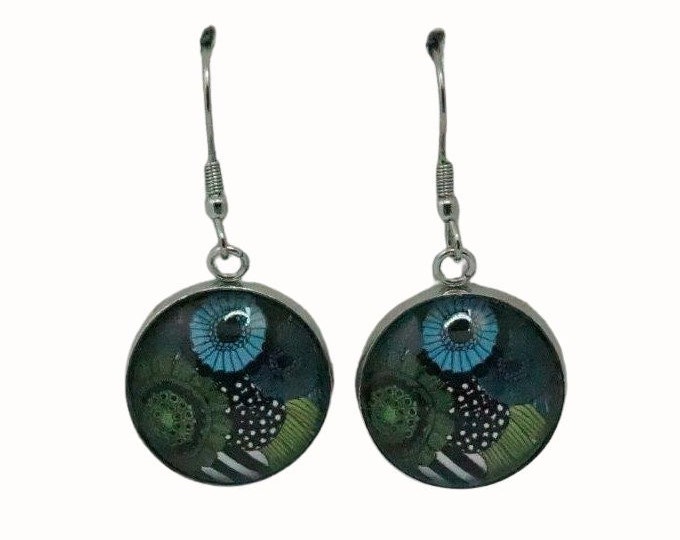 Stainless Steel Glass Tile Hooped Earrings Accessories Floral Flowers Blue and Green