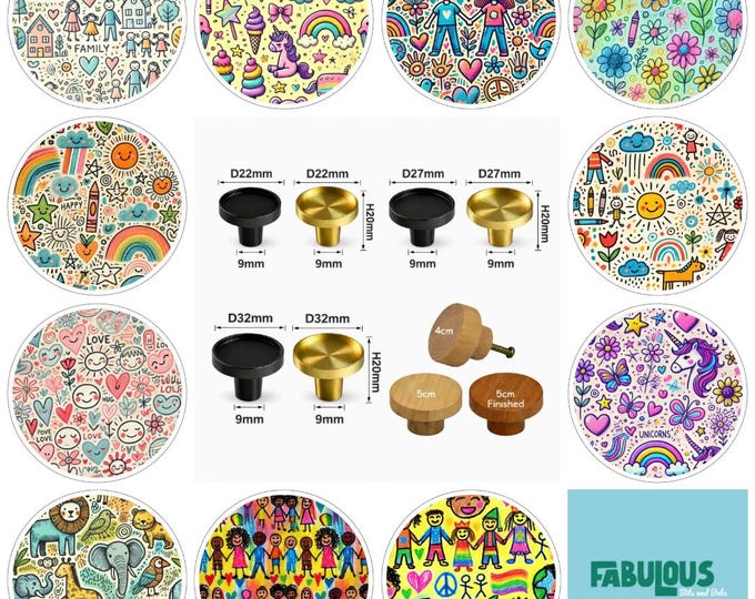 Childs Play Drawer Knobs: Round Wooden Cabinet Pulls (5cm) Brass Knobs
