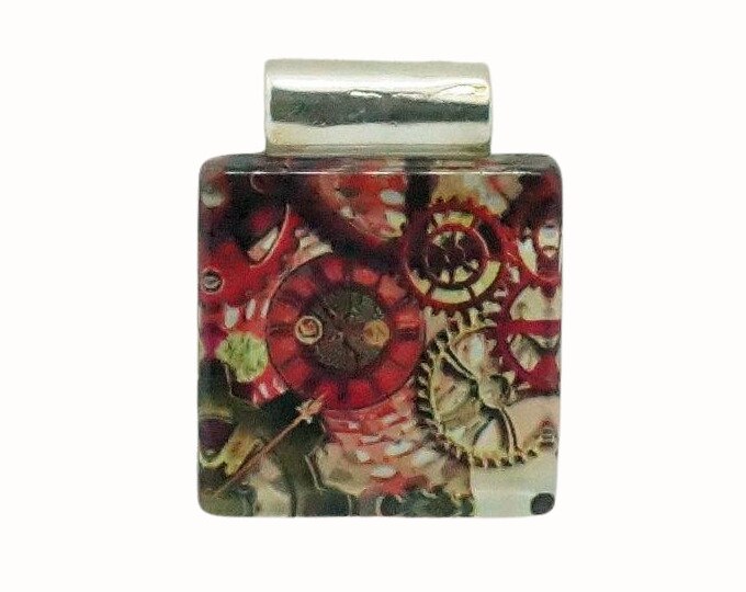 Flat Square Glass Tile Pendant with Tube Bail Steampunk in Red Cogs