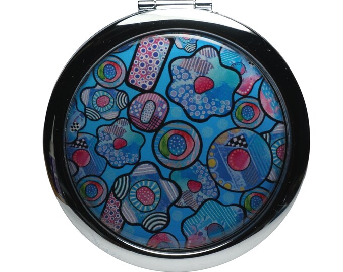 Patterned, Shapes, Blue, Pink, Compact Mirror, Purse Mirror, Gifts for Her, Pocket Mirror, Handbag Mirror