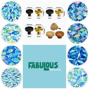 May include: A collection of cabinet knobs in black, gold, and natural wood finishes, displayed with dimension labels in millimeters and centimeters. Eight circular patterns feature colorful fish illustrations. The text "FABULOUS Bits and Bobs" is visible.