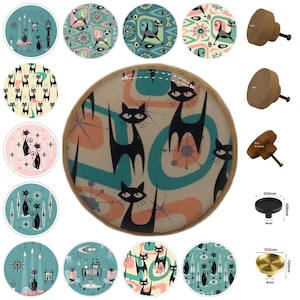 Mid Century Retro Cats Wooden Drawer Knobs, Furniture Handles