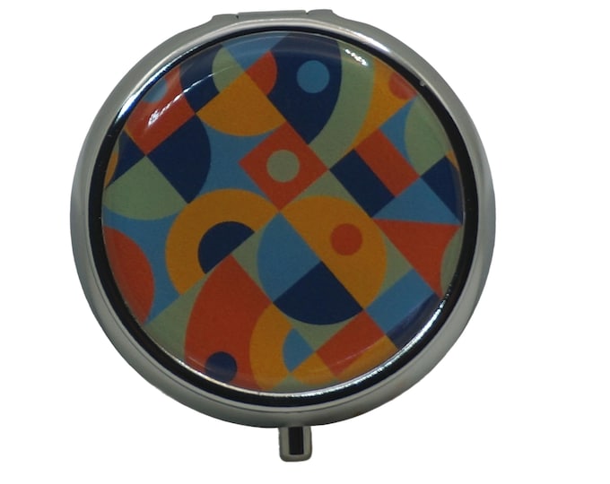 Patterned, Squares, Circles, Blue, Orange, Green, Yellow, Pill Box, Silver Plated, Medicine Case, One Day Pill Box, Trinket Box, Pill Case