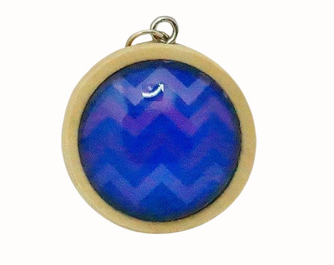 Wooden Backed Glass Tile Pendant Necklace Accessories Natural Wooden Pendant Patterned Chevron Blue Purple