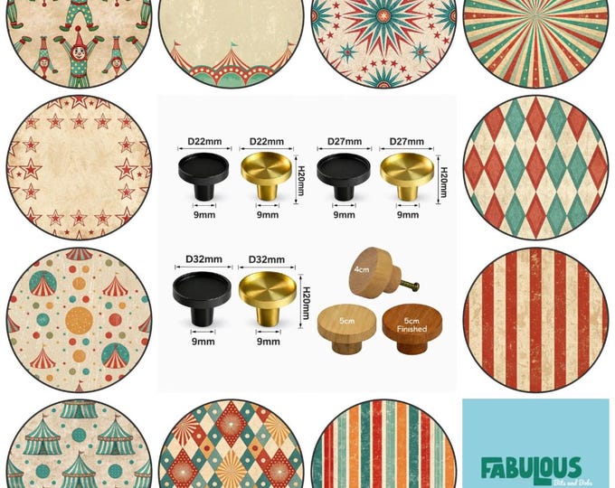 Retro Circus Wooden Drawer Knobs, Cabinet Pulls, Brass Knobs