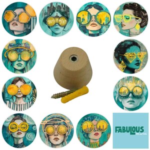 May include: A collection of round art prints featuring women wearing oversized, yellow-tinted sunglasses with cityscapes reflected in the lenses. A wooden peg with a screw and wall anchor are also shown. The prints have a teal background.