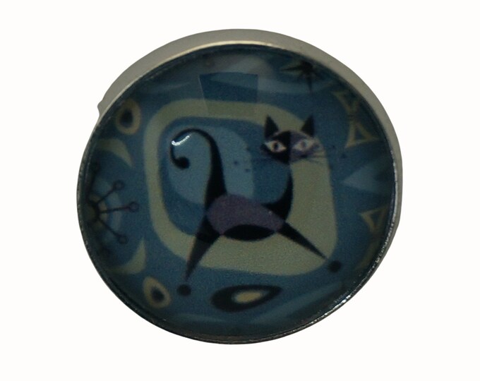 Mid Century Cat, Retro, Round Metal Brooch, Silver Plated, 2.0cm Brooch, Glass, Scarf Pin, Lapel Pin