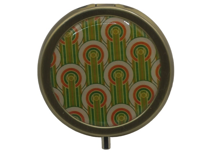 Art Deco, Green, Orange, Patterned, Pill Box, Medicine Case, Trinket Box, Earring Box, Mint Box, One day Pill Box