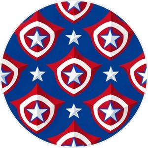 May include: Circular design featuring a repeating pattern of red, white, and blue shield emblems with a white star in the center, and white stars on a blue background. The design is reminiscent of a patriotic theme.