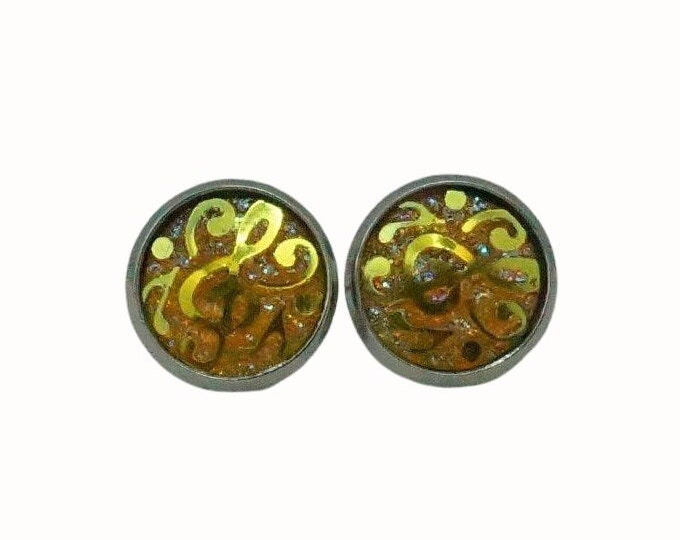 12mm Round Stainless Steel Glass Stud Earrings Druzy Cabochon Music Notes Yellow