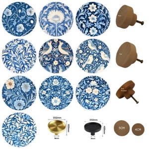 William Morris kastknop met blauwe bloemen, houten ladehandvat