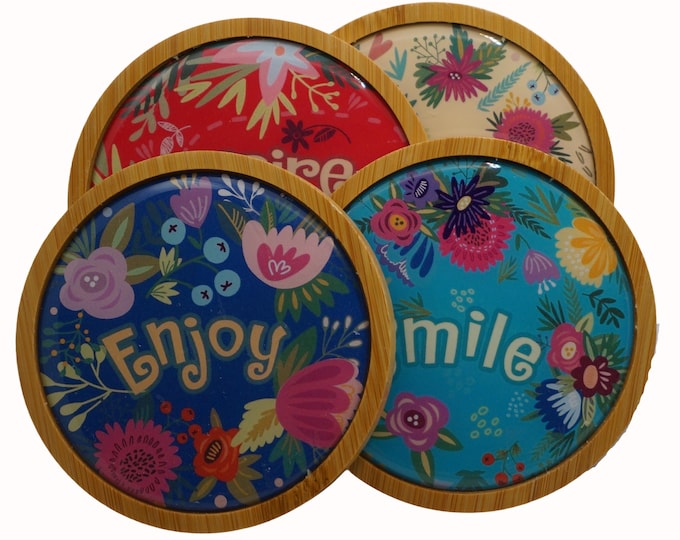 Words, Inspire, Relax, Enjoy, Smile,  Coffee, Coasters,  Set of Four Round Wooden Coasters, Wine, Drink Coasters, Coffee Coaster
