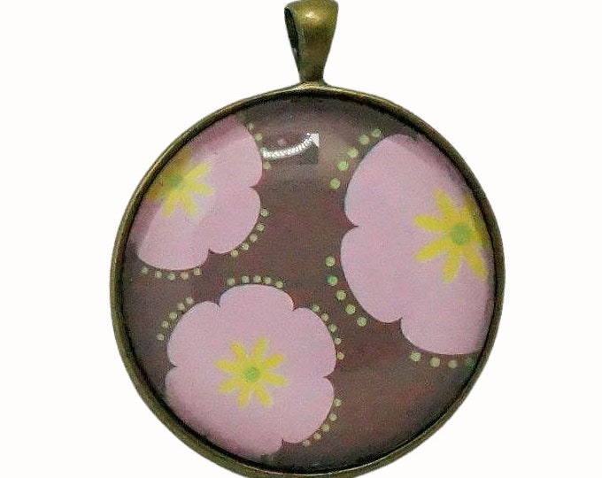 4cm Round Bronze Plated Glass Pendant Floral Flowers Pink Brown Yellow