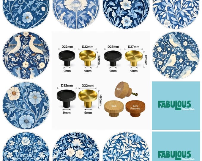 William Morris Blue Floral Cabinet Knob, Wooden Drawer Handle