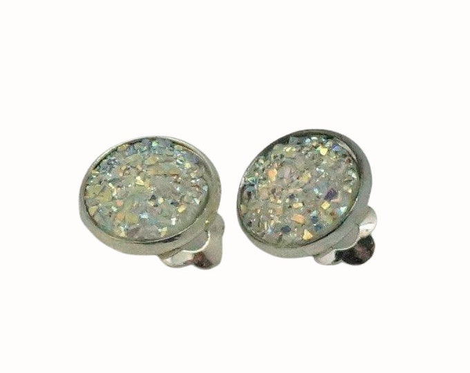 12mm Silver Plated Round Clip On Earrings Druzy Cabochon White