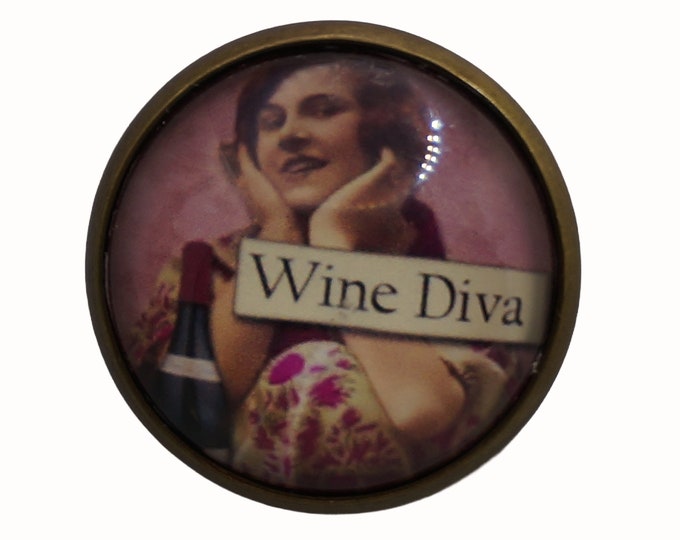 Retro, Wine Diva, Sassy Women, Round Metal Brooch, Bronze, 2.0cm Brooch, Glass, Scarf Pin, Lapel Pin