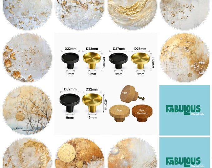 Round Wooden Drawer Knobs, Gold Accent, 5cm Cabinet Pulls, Brass Knobs