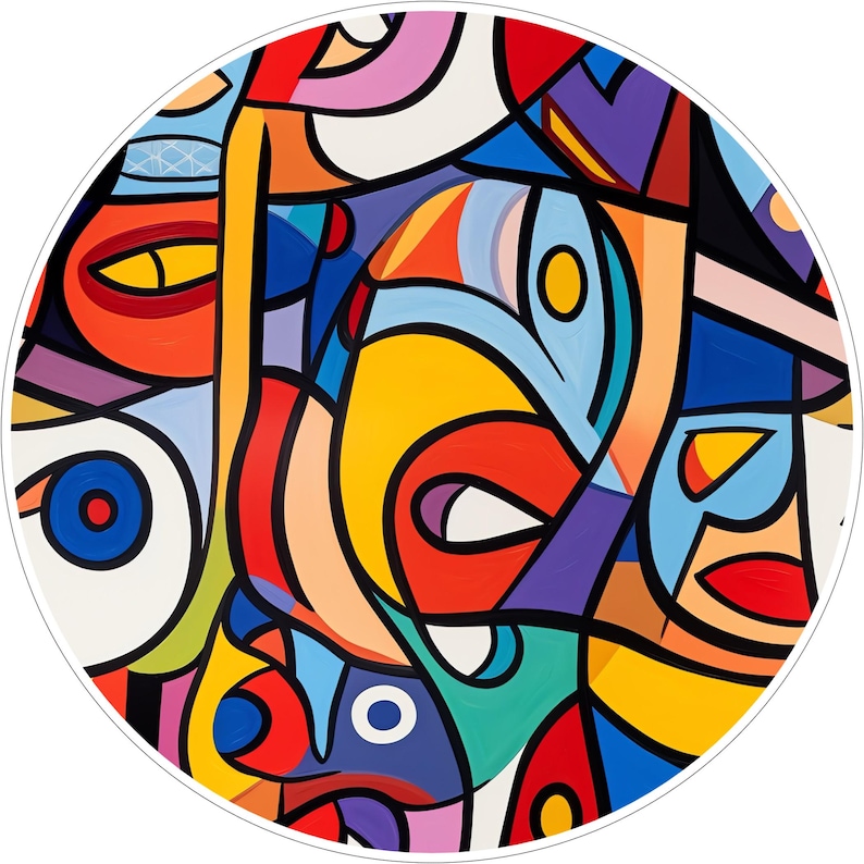 May include: A circular wall art piece featuring a vibrant, abstract composition of interlocking shapes and bold black outlines. The design incorporates a saturated palette of red, yellow, blue, orange, purple, and white, creating a complex pattern.
