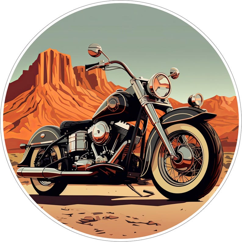 May include: A black cruiser motorcycle with chrome accents, a round headlight, and whitewall tyres parked on a desert landscape. The background features tall, orange-toned rock formations under a pale sky, all contained within a circular frame.