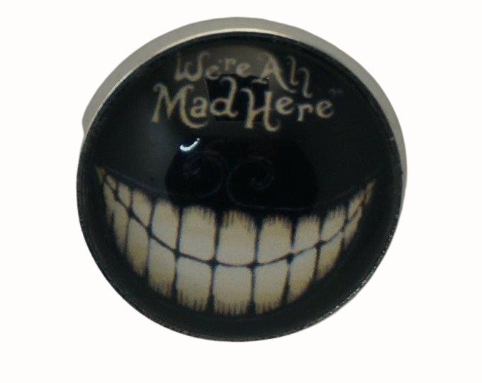 Alice in Wonderland, We're All Mad Here, Cheshire Cat, Round Metal Brooch, Silver Plated, 2.0cm Brooch, Glass, Scarf Pin, Lapel Pin