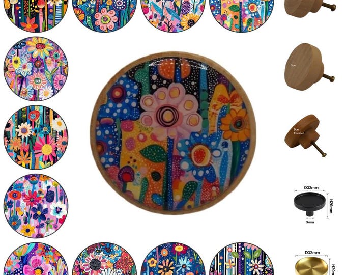 Whimsical Flowers Round Wooden Cabinet Pulls, Drawer Knobs, Home Decor