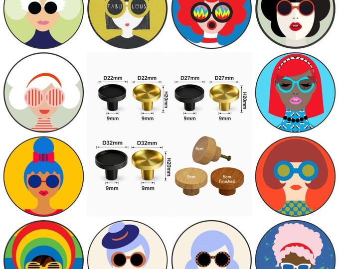 Funky Faces Wooden Drawer Knobs, Pop Art Cabinet Handles, Brass Furniture Knobs