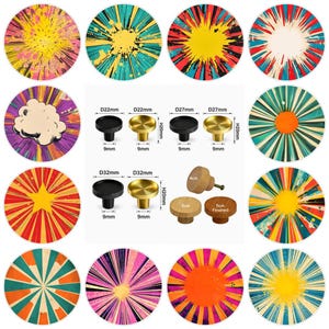 May include: A collection of circular cabinet knobs featuring various colorful sunburst and graphic patterns. The image includes technical diagrams showing dimensions of 22mm, 27mm, and 32mm diameters, 20mm heights, and 9mm bases, plus wooden knobs.