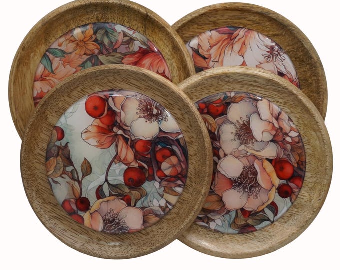 Floral Mango Wood Coasters, Epoxy Resin Set of Four