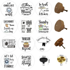 May include: A selection of laundry room themed decorative items. Features round white stickers with black text and illustrations, and wooden cabinet knobs in various sizes. The knobs are 4cm, 5cm, and 5cm finished.