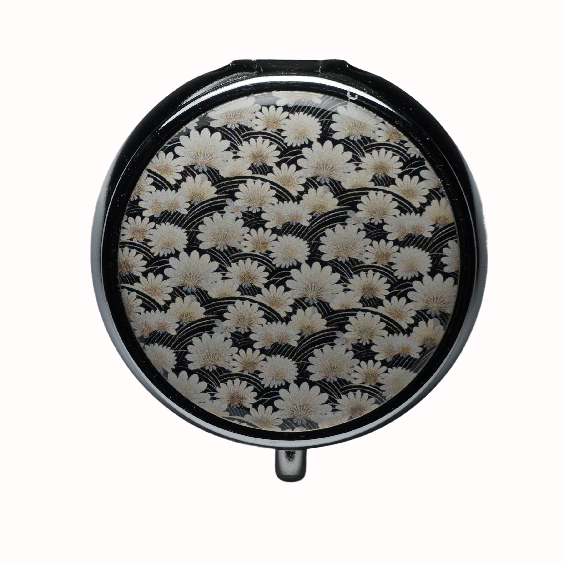 Floral, Japanese Blossom, White, Black, Pill Box, Silver Plated