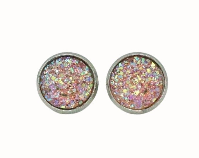 Stainless Steel 1.2cm Stud Earrings Accessories Druzy Light Pink