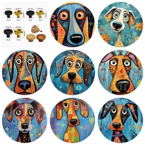 以下が含まれることがあります： カラフルで様式化された犬の肖像画が描かれた円形のキャビネットノブのコレクション。画像にはmm単位の測定値を示す技術図が含まれており、ノブの直径は22mm、27mm、32mmとなっています。