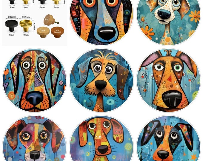 Dog Drawer Knobs, Wooden Cabinet Handles, Brass Finish, Glass Cabochon