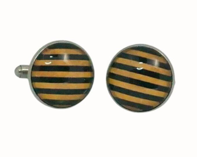 Stainless Steel Cufflinks Accessories 1.8cm Glass Construction Sign Black and Yellow Strips