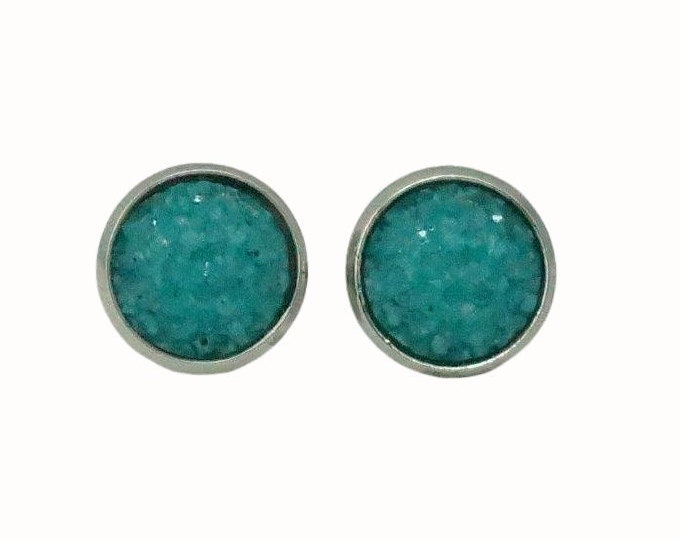 12mm Round Stainless Steel Glass Stud Earrings Druzy Cabochon Green Blue