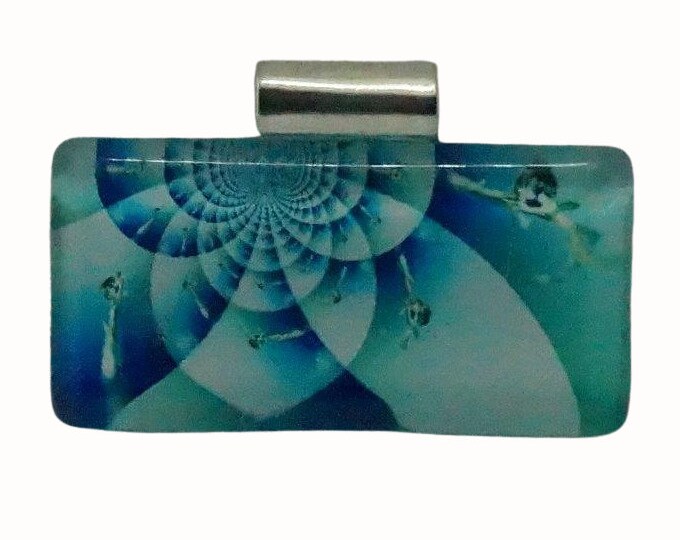Horizontal Rectangle Glass Tile Pendant Tube Bail Patterned Blue and Green