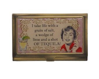 I take life with a..., Vintage Humor, Card Holder, Metal Business Card Case, Cigarette Case, Credit Card Protector, Business Card Holder