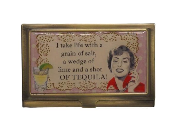 I take life with a..., Vintage Humor, Card Holder, Metal Business Card Case, Cigarette Case, Credit Card Protector, Business Card Holder