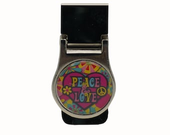 Peace and Love, Hippy, Heart, Stainless Steel Money Clip, Pocket Money Holder, Money Clip Holder