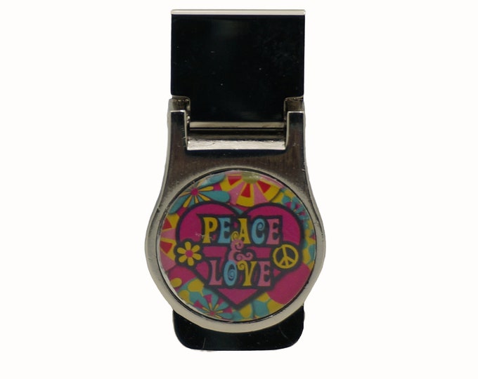Peace and Love, Hippy, Heart, Stainless Steel Money Clip, Pocket Money Holder, Money Clip Holder