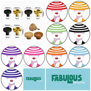 May include: A collection of circular cabinet knobs in black, gold, and natural wood finishes, alongside graphic illustrations of faces wearing striped hats in various colours, and the text logo Fabulous Bits and Bobs in green and blue.