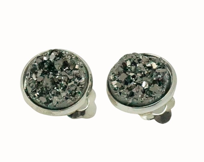 12mm Silver Plated Round Clip On Earrings Druzy Cabochon Dark Silver