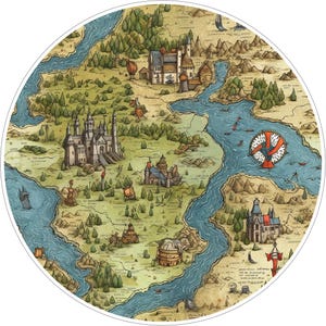 May include: A circular fantasy map illustration featuring detailed terrain, winding blue rivers, and various stone castles. The landscape includes dense green forests, mountain ranges, and small ships sailing on the water, with a circular compass emblem.
