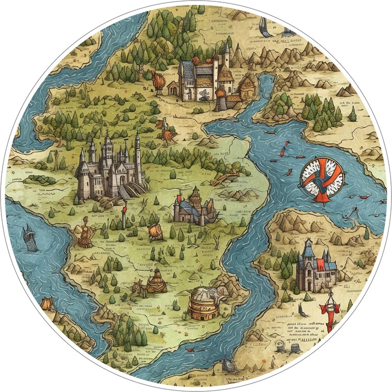 May include: A circular fantasy map illustration featuring detailed terrain, winding blue rivers, and various stone castles. The landscape includes dense green forests, mountain ranges, and small ships sailing on the water, with a circular compass emblem.
