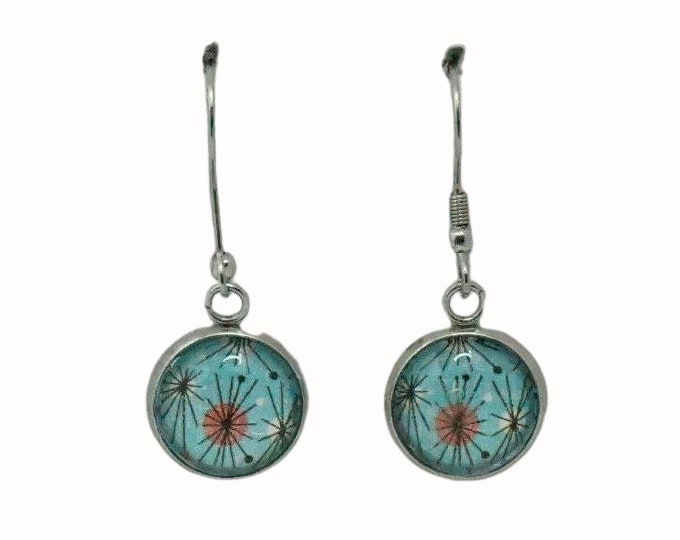 12mm Stainless Steel Glass Tile Hooped Earrings Retro Mid Century Art Blue and Orange
