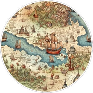 May include: A circular map illustration featuring a large central sailing ship in blue water, surrounded by landmasses with forests, mountains, and smaller vessels. The map includes intricate line drawings of buildings, towers, and various nautical icons.