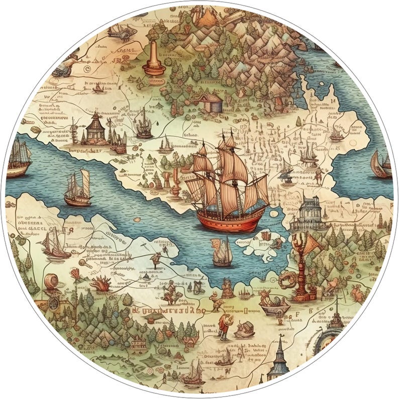 May include: A circular map illustration featuring a large central sailing ship in blue water, surrounded by landmasses with forests, mountains, and smaller vessels. The map includes intricate line drawings of buildings, towers, and various nautical icons.